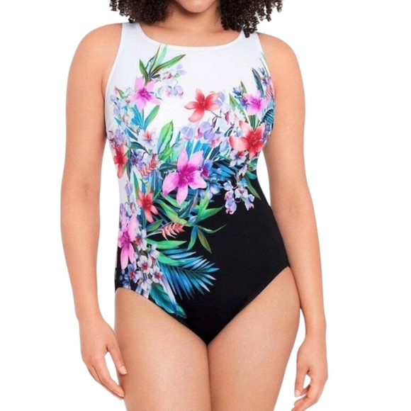 Longitude Other - Longitude Black White Pink Floral Scoopback Highneck Long Torso One-Piece 22W